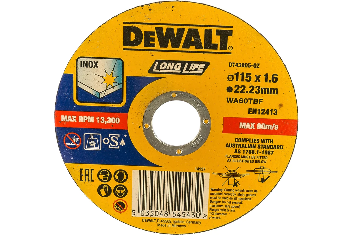 Диск отрезной по металлу 115x22.2x1.6мм,тип41 DT43905-QZ DeWALT высокий ресурс